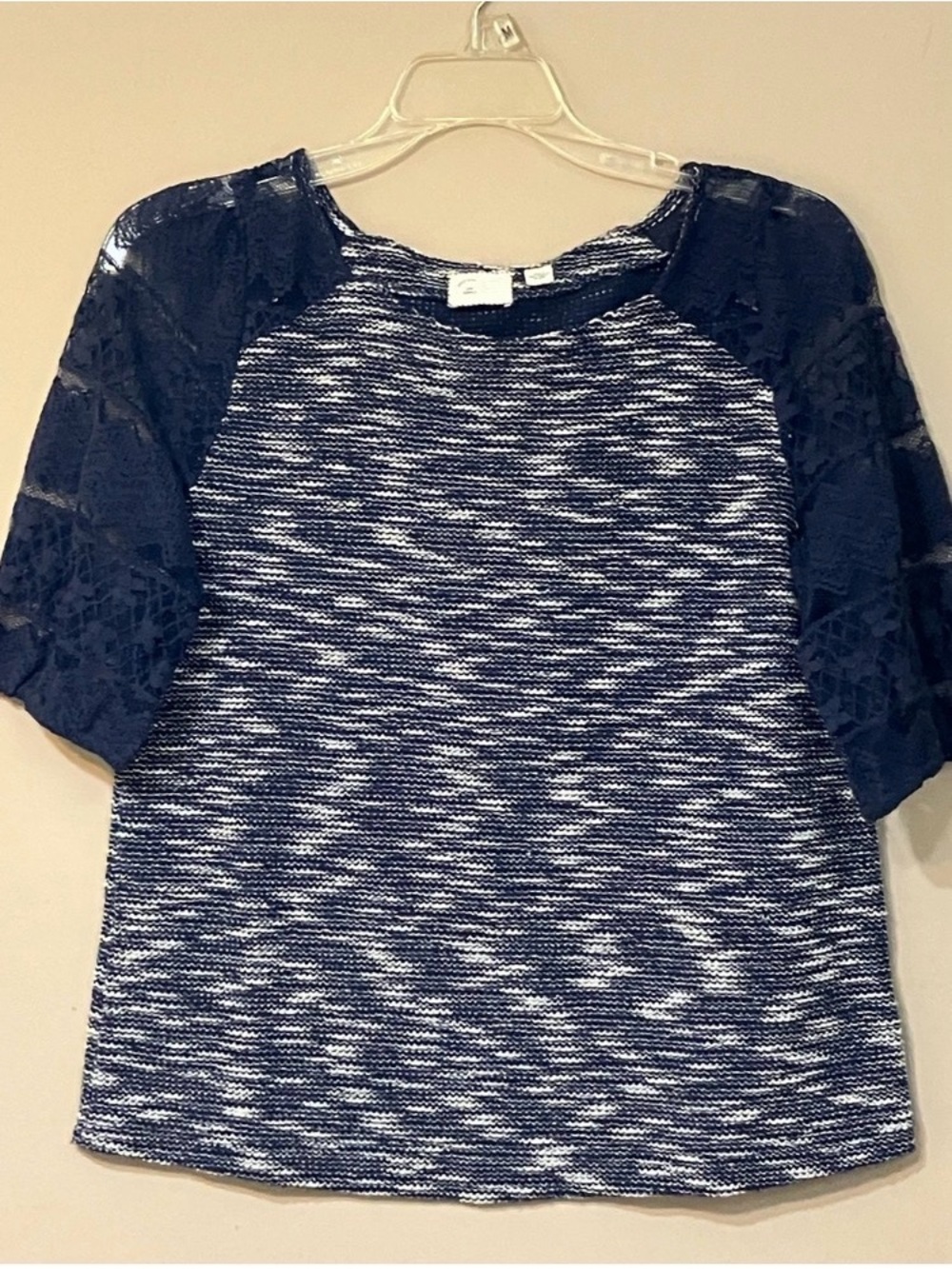 Anthropologie Navy and White Knit Top with Lace Raglan Sleeves